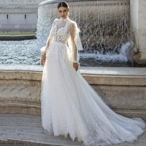 White Bohemian Wedding Dresses High Neck Long Sleeve Bride Dress Lace Polka Dot Vintage Wedding Gowns Turkey