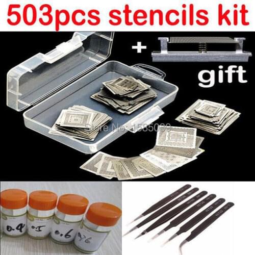 Free shipping heated directly 503pcs/set BGA stencils with free reball station bga solder ball ESD tweezers bga reballing kit