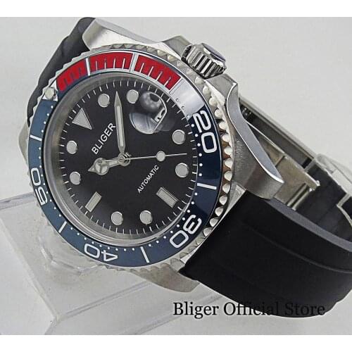 BLIGER 24 Jewels NH35 SUB Automatic Men Watch Rubber Strap Folding Clasp Rotating Bezel Screw Crown