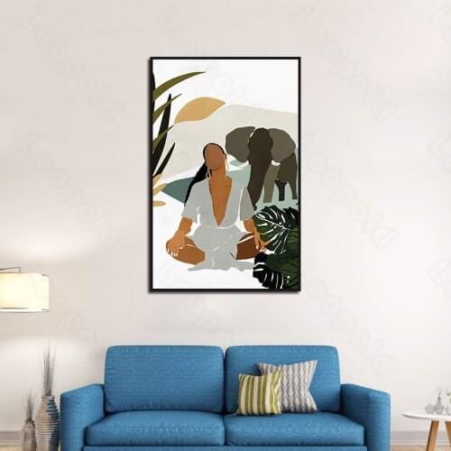 One Piece Decorative Unframed Canvas Oil Painting Nordic Style Woman and Elephant Print for Living Room Wall Decor