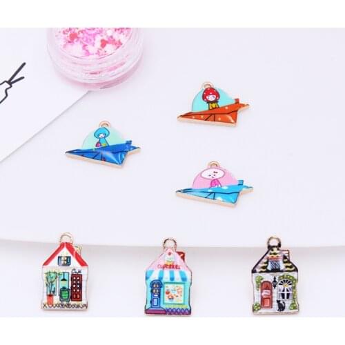 10pcs/lot Cartoon Series Cute house airplane spaceship Animal Enamel Charms for DIY Earring Jewelry Handmade Finding XL736