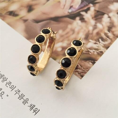 Classic Gold Color Plating Black Stone Paving Oval Hoop Earrings For Women Girl Bohemia Vintage Antique Dinner Party Jewelry