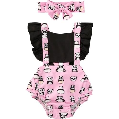 0-24M Newborn Baby GirlsAnimal Print Ruffles Short Sleeve Jumpsuits +Headband 2pcs