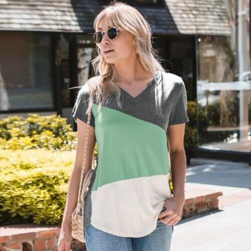Summer T-shirt Women New Popular In V-neck Short Sleeve Fashion Geometric Splicing Leisure Time Lady T-shirt