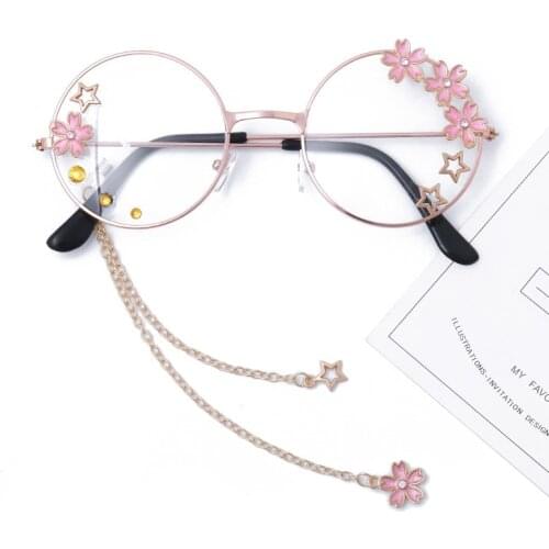 Cute Sakura Pendant Clear Optical Glasses Frame Women Round Girls Retro Eyeglasses Gothic Handmade Eyewear Glass Oculos De Gafas