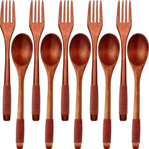 Wooden Spoons Forks Set Wooden Utensil Set Reusable Natural Wood Flatware Set for Cooking Stirring Eating 10 Pieces