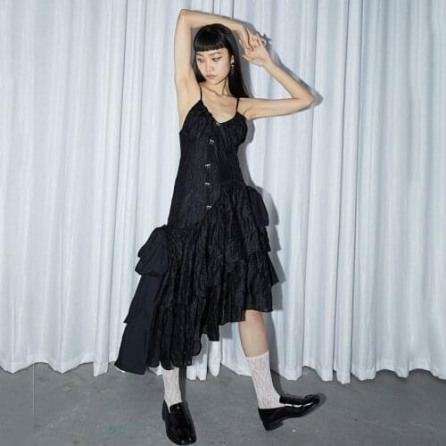 SeeBeautiful Original Designer Jacquard Irregular A-line Strap Dress Ruffles Exposed Back New Fashion Summer 2021 Woman G037