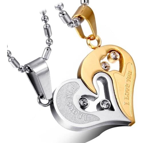 2 pcs/pair His and Hers Matching Heart Stainless Steel Couple Necklace Pendant I Love You Necklace for Couples Lovers eu te amo
