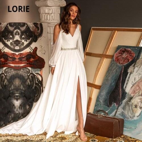 LORIE Beach Wedding Dresses Puff Sleeves V Neck Pleats Chiffon Side Split Backless Wedding Gown Simple Boho Bridal Dress 2021
