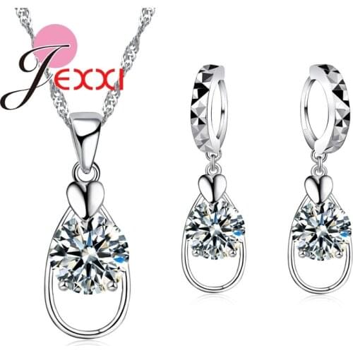Hollow Oval 925 Sterling Silver Heart Pendant Collar Necklace CZ Crystal Earrings Brincos Set Women Wedding Jewelry Sets