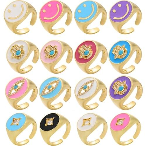 QMHJE Enamel Evil Eye Women Ring CZ Neon Smile Hand Star Gold Color Open Cuff Lady Finger Ring Wedding Engagement Adjustable
