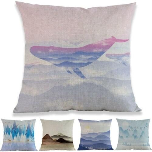 Magnificent Mountain Forest Scenery Animal Whale Deer Birds Throw Pillow Case Home Sofa Decorative Cushion Cover