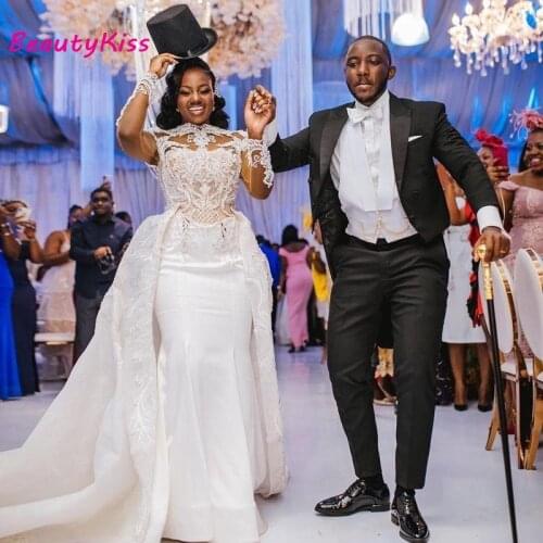 African Plus Size Wedding Dresses With Detachable Train 2020 Lace Sheer Neck Long Sleeve Satin Mermaid Bridal Dress