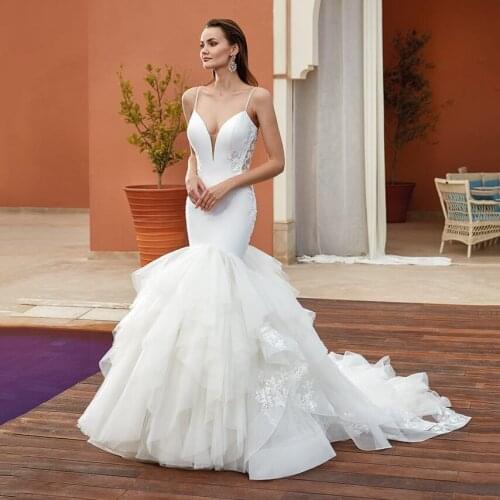 Thinyfull Elegant Spaghetti Straps Mermaid Wedding Dresses V Neck Top Satin Tulle Skirt Bridal Gown Lace Appliques Robe Mariage