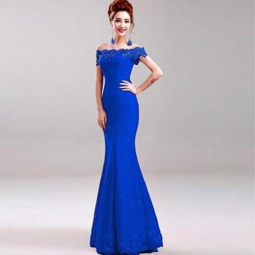 Off The Shoulder Royal Blue Red Mermaid Evening Dresses Lace Appliques Beaded Formal Party Dresses Evening Gown Vestido De Noite