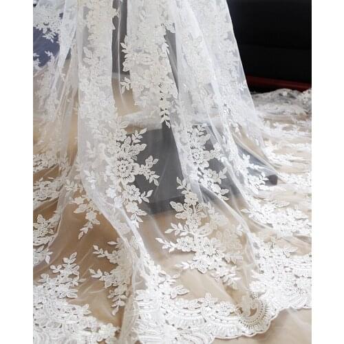 Embroidery sequins flowers lace trim fabric tulle lace Off white/Light ivory bridal gown lace fabric sewing lace for wedding
