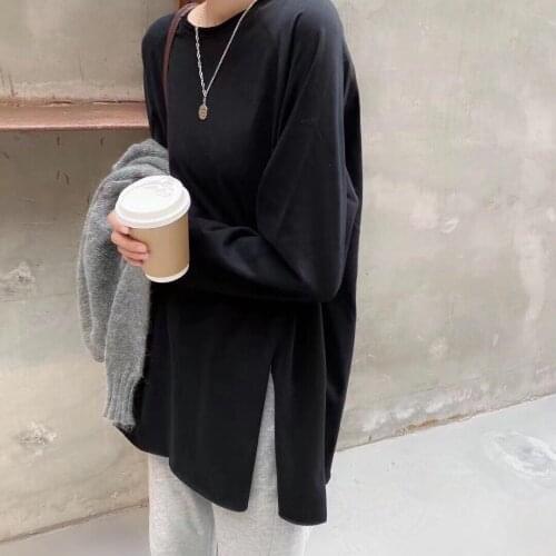 Plus Long Casual Cotton Oversized Tee Shirt Women Full Sleeve Crew Neck Simple Loose Streetwear Tunic Top White