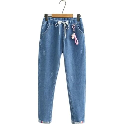 Fleece Warm Jeans For Women 2020 Winter Plus Velvet Casual Lady Straight Denim Pants Elastic Waist Pocket Ankle Length Trousers