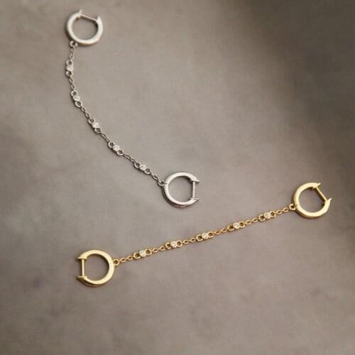 925 Sterling Silver Double Pierced Zircon Chain Tassel Hoop Earrings Female 1 piece Simple Ear Jewelry