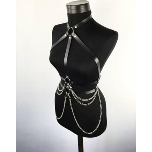 Womens Punk Faux Leather Waist Belt Halter Neck Body Chest Harness with Chain