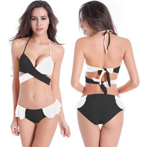Nylon Fabric Matching-Color Bandage Swimwear Female Vintage Cross-strap Swimsuits for Girls Flounce Underwire Push Up Bikini