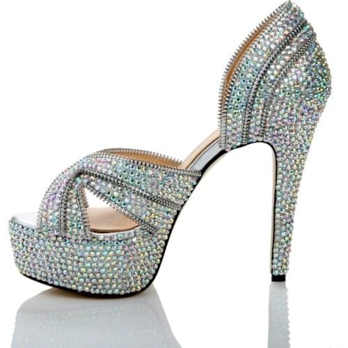 Sparkly High Heel Summer Sandals Gorgeous And Fashion AB Color Crystal Bridal Dress Shoes Open Toe Shape Fashion Party Shoes