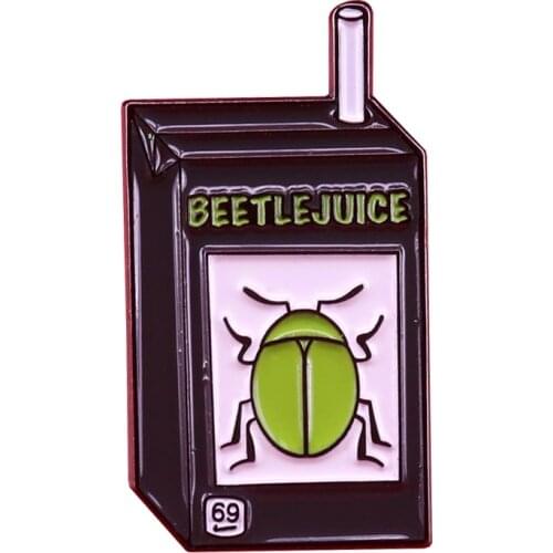 Beetle Juice Box Pin Powerful Ghost Drink Badge Funny Creepy Pun Accessory For Strange and Unusual Horror Film Lovers