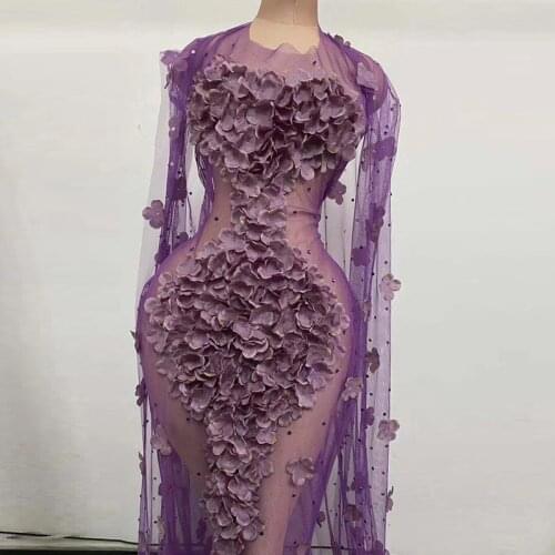 Purple 3d Flower mermaid long Dress rhinestone sexy transparent Women Birthday Costume Prom Tail Dresses Evening Party wedding