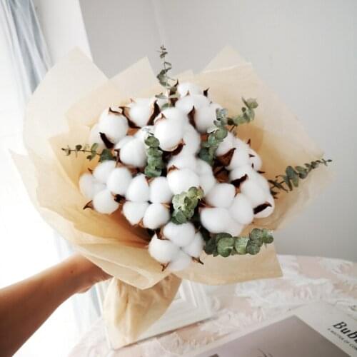 10 Head Natural Dried Cotton Flower Artificial Plants Floral Wedding Party Gift Decoration Real Eucalyptus Leaves Home Decor