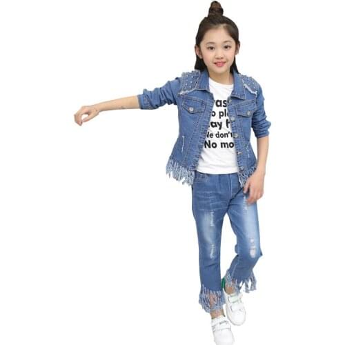 Girls Clothing Sets Rivet Tassel Cotton Denim Coat+Jeans 2Pcs Suit Child Kids Clothes Set Girl Spring Autumn Fashion Outfits