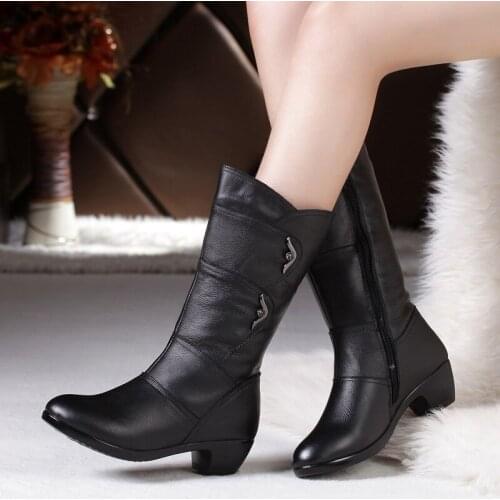 Fashion Leather Zipper women boots Fashion New Mid calf boot for female Rubber boots women shoes Non slip Wear resistant