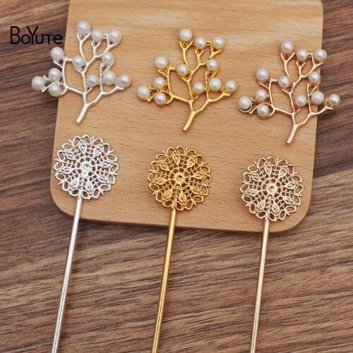BoYuTe (5 Pieces/Lot) 25MM Filigree Peacock Feather Hair Stick with 37*40MM Pearl Tree Branches Diy Jewelry Accessories