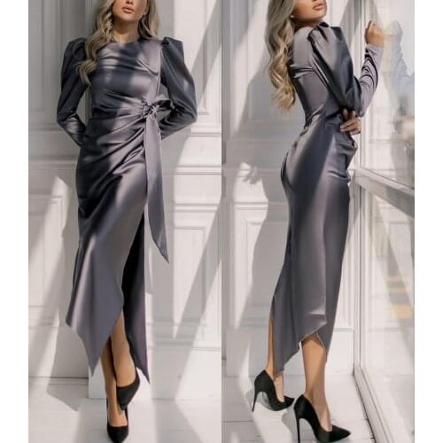 Vintage Long O-Neck Evening Dresses with Sleeves Zipper Back Satin Grey Ankle Length Abendkleider Robes de Soirée for Women