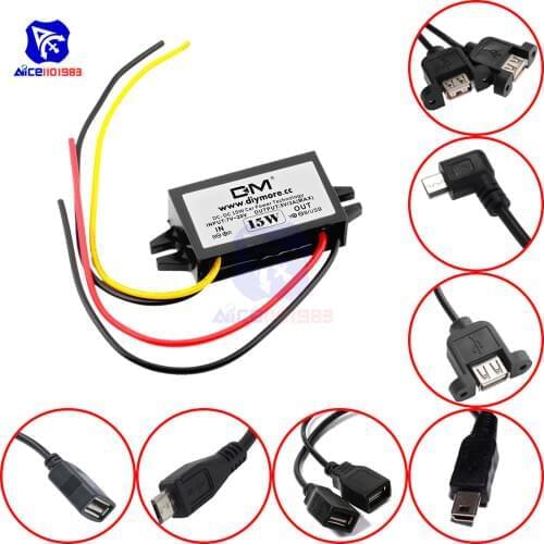 Diymore DC-DC Step Down Buck Converter Power Supply Module 12V to 5V 3A 15W for Car Male Female USB Mini USB Micro USB Adapter