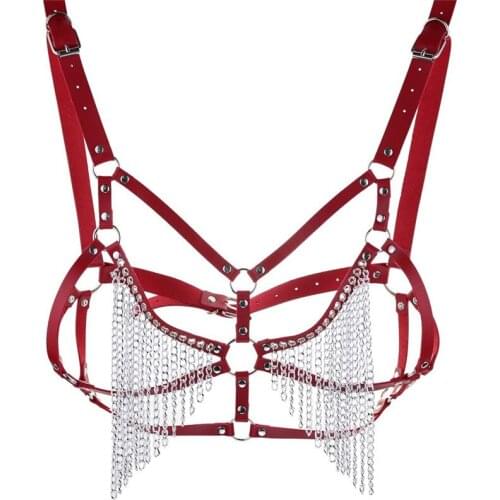 Pu Leather Body Harness Metal Chains Necklace Women Bra Top Chest Chain Belt Gothic Punk Necklaces Fashion Girl hip hop jewelry