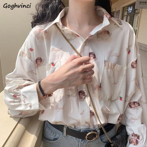 Shirts Women Printed Chic Button Turn-down Collar Retro Harajuku Students Daily Hot Sale Casual Blouses Streetwear Spring Womens