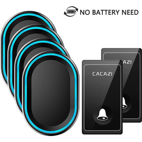 CACAZI Self Powered Waterproof Wireless DoorBell No Battery Need EU Plug Home Door Bell 58 chime 200M Romote 2 button 4 Receiver