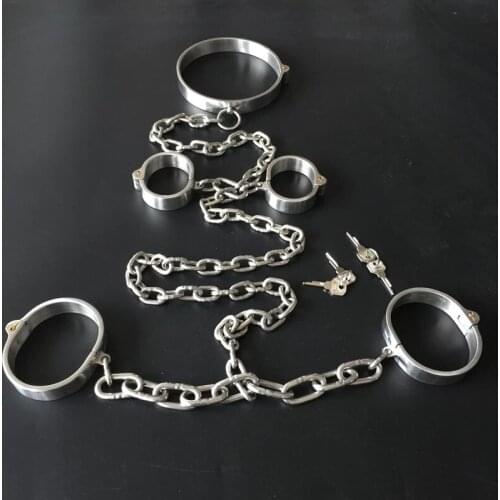 Stainless Steel Lockable Bondage Neck Collar Handcuffs Ankle Cuff Restraints Fetish BDSM Sex Toys For Women Man Couples