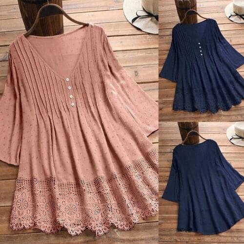 Women Half Sleeve Stitching Hollow out Floral Lace Hem Decor Blouse