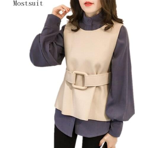 M-4xl Blusas Kimino Women Blouse With Vest and Belt Plus Size Autumn Long Sleeve Shirt Korean Office Elegant Tops Blue 2019