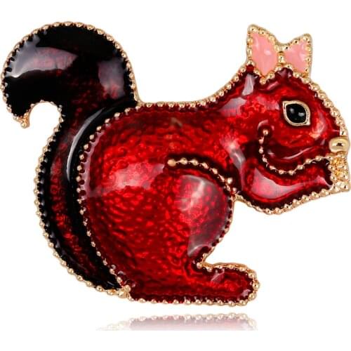 Red Enamel Squirrel Brooch Pins Cuter Pink Bowknot Adornment Brooches for women Children Gifts Animal Jewelry Accessories