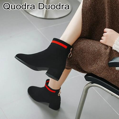 New Winter/autumn Women Ankle Boots with a stripe black warm boots Square High Heels Square Toe shoes Zipper mental ring 45