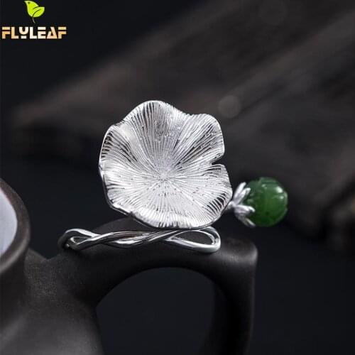 925 Sterling Silver Open Jasper Lotus Leaf Open Rings For Women Original Handmade Female Chinese Style Vintage Jewelry Flyleaf