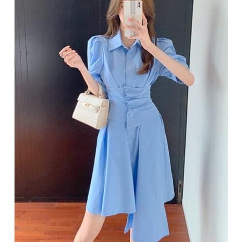 New 2021 Korean Summer Women Solid Color Lapel Puff Sleeve Casual Loose Chic Elegant Irregular Dress With Girdle