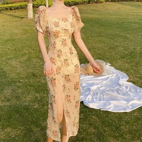 2021 summer new embroidery dress French retro square collar dress fairy puff sleeve long dress female summer Embroidery