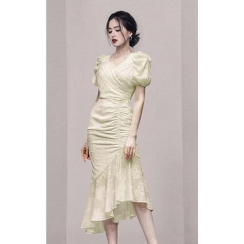 Chiffon Puff Sleeve Jacquard Mermaid Dress For Women Summer Elegant Abstract Office Evening Party Simple V-Collar Dresses