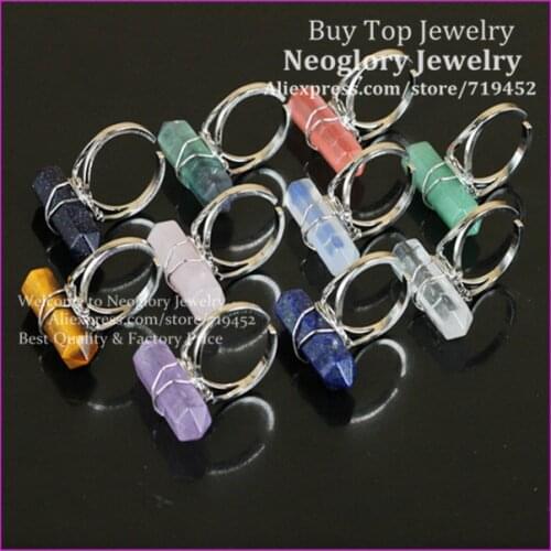 10pcs Mix Natural Gems Stone Finger Ring Silver Plated Wire Wrapped Bail Point Ring Hexagon Reiki Charka Quartz Druzy Ring