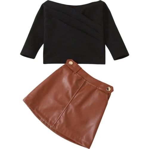 2-7Years Toddler Kid Girls 2Pcs Outfits Off Shoulder Long Sleeve Knit Tops + Brown Leather Skirt Children Clothes Set KidsTop