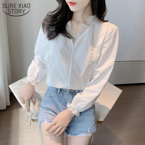 2021 Autumn New White Lace V-neck Womans Blouses Lace Shirt Women Long Sleeve Single-Breasted Fashion Top Feminine blusas 10845