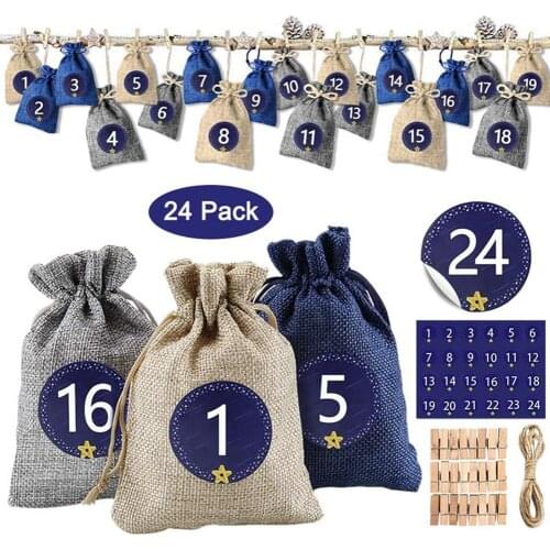 24PCS Christmas Advent Calendar Bags Set 24 Days Burlap Gift DIY Bags with Embellishments Advent C Christmas Calendar Draws Z7Y4